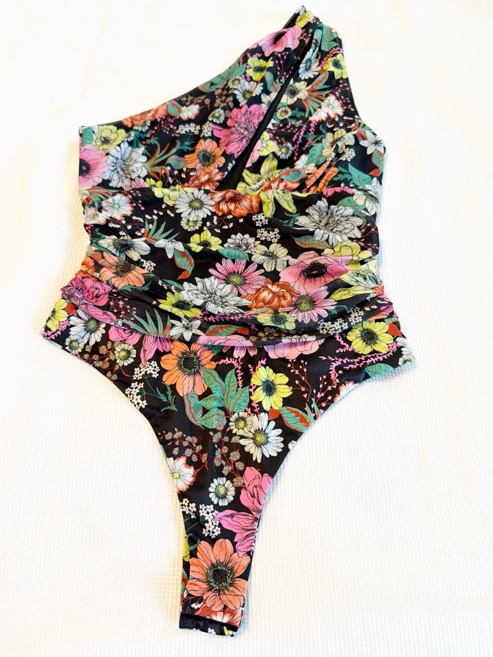 AFRM Floral Black One-Shoulder With Cut Out Bodysuit Size XS